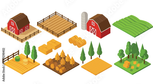 Isometric farm elements featuring barns, fields, trees, and hay bales for agricultural design