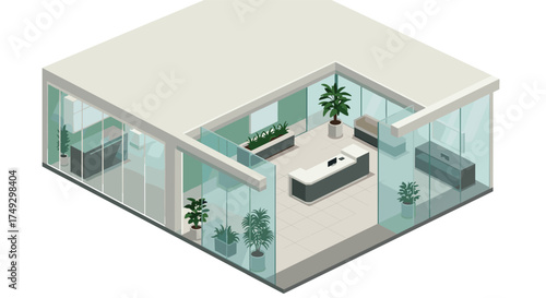 Modern isometric office interior with glass walls and minimalist furniture