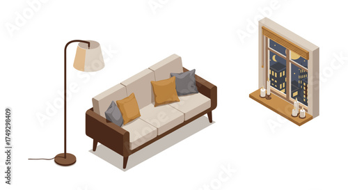 Cozy living room with modern sofa, floor lamp, and night city view through window