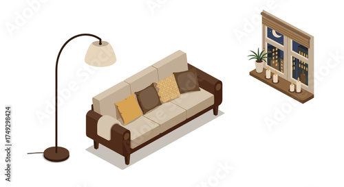 Cozy living room with isometric sofa and night view through window