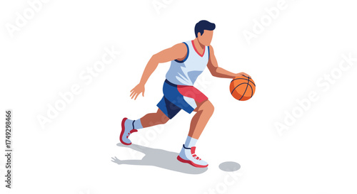 Dynamic basketball player dribbling in modern isometric style