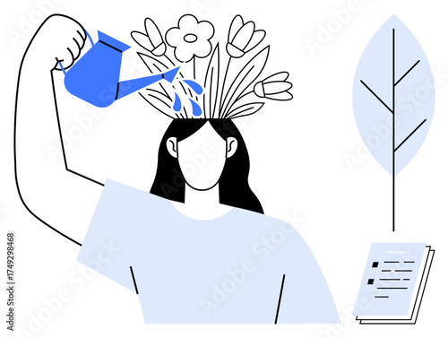 Person waters a bouquet of flowers growing from their head, symbolizing growth and creativity. Ideal for mental health, self-care, education, mindfulness, personal development, inspiration, simple