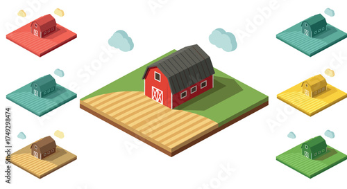 Isometric farm building on colored fields with cloudy sky variations
