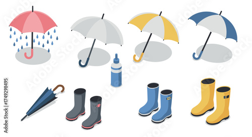 Colorful isometric umbrellas and rain boots with water droplets