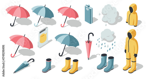 Isometric rain gear collection with umbrellas and raincoats
