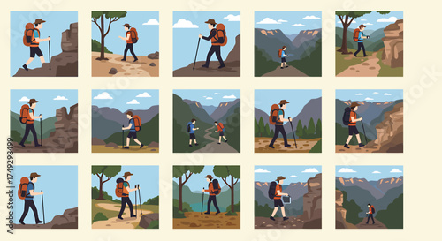 Grid of fifteen square illustrations showing hikers with backpacks in various outdoor mountainous settings