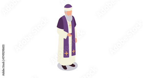 Isometric clergy figure in purple and white robes standing on white background