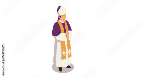 Isometric clergy figure in robes with mitre and cross stole on white background
