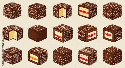 Grid of square chocolatecovered cakes with sprinkles some showing fillings