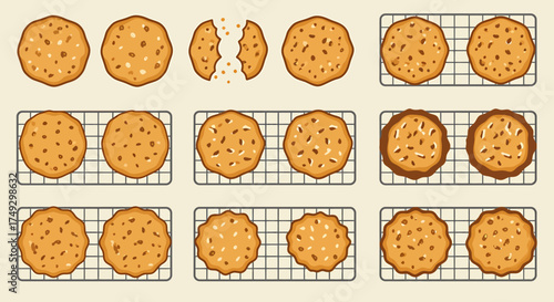 Illustration of various stages and styles of oatmealnut cookies on cooling racks