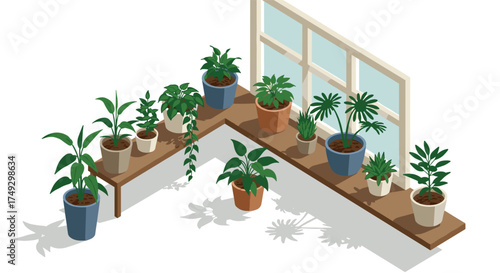 Indoor plant arrangement on wooden shelf with sunlit window