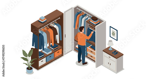 Isometric closet organization: modern wardrobe layout inspiring efficient closet spaces
