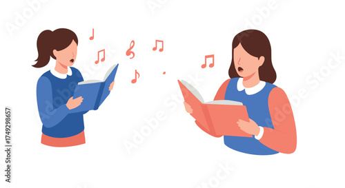 Flat design of two women singing with books and music notes