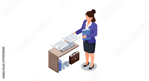 Businesswoman organizing documents at office desk in isometric style