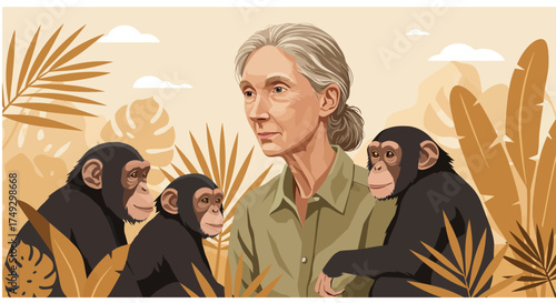 Jane Goodall with Chimpanzees in a Lush Jungle Setting Inspiring Wildlife Conservation and Environmental Protection Education and Awareness Initiatives Worldwide
