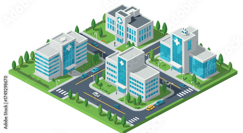 Modern isometric hospital complex with green landscape and urban architecture