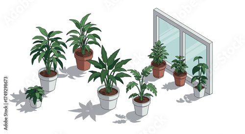 Indoor potted plants by a window with soft shadows in isometric style