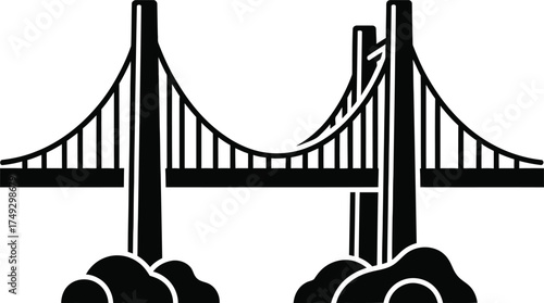 Iconic golden gate bridge silhouette in black and white against a clean white background
