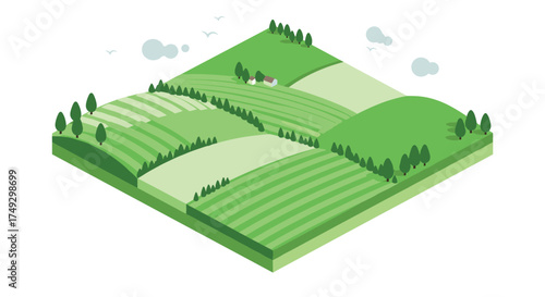 Isometric countryside landscape with rolling hills and trees
