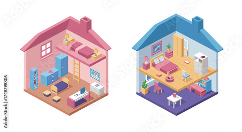 Isometric cutaway view of colorful pink and blue dollhouses with interior rooms