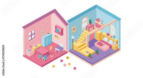 Colorful isometric room interiors with pink and blue design elements