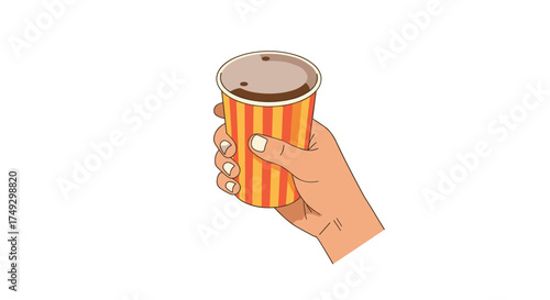 Hand holding striped coffee cup in cartoon style
