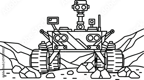 Line art illustration of a mars rover exploring a rocky alien planet surface with mountains