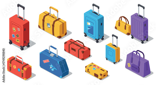 Colorful isometric suitcases and bags collection for travel