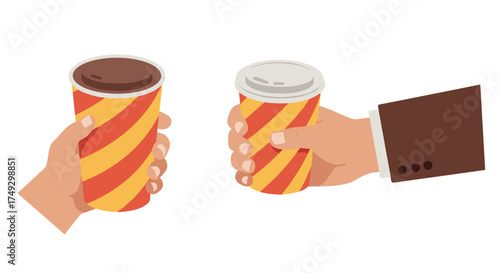 Two hands holding coffee cups with colorful striped design