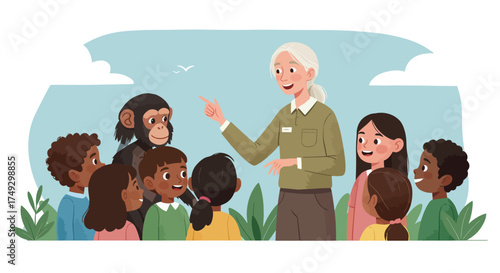 Inspiring wildlife educator with chimpanzee and diverse children fostering environmental awareness and global conservation efforts in a bright, engaging outdoor setting