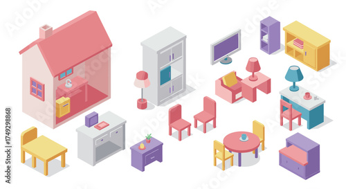 Charming isometric dollhouse furniture set in pastel colors for modern design inspiration
