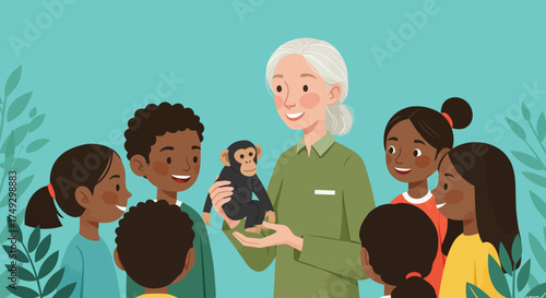 Inspiring nature conservation with a chimpanzee presentation to diverse children, fostering environmental awareness and compassion for wildlife, ideal for education content