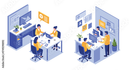 Modern isometric office space with diverse teams collaborating
