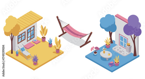 Cozy outdoor spaces with hammock and patio in isometric design