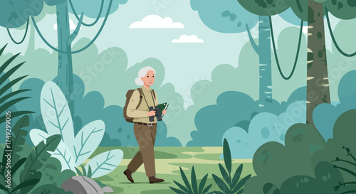 Stylish senior woman explores a lush jungle, binoculars in hand, notebook ready, enjoying a vibrant green adventure and connecting with nature in a beautiful tropical setting