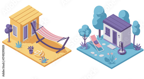 Charming isometric summer retreats with cozy hammock and relaxing lounger