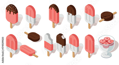 Assorted isometric ice cream popsicles with chocolate and strawberry toppings