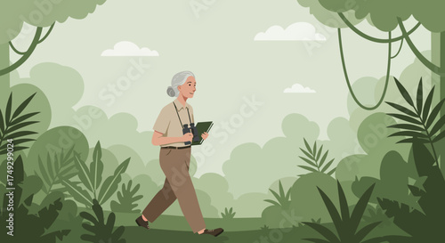 Elegant senior woman exploring lush jungle with binoculars, a serene journey through nature's beauty and adventure, ideal for travel blogs and eco-tourism campaigns