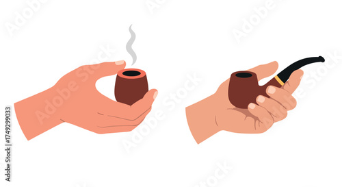 Hands holding smoking pipes isolated on white background