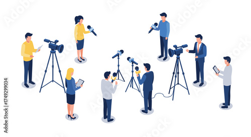Isometric group of media reporters and cameramen with equipment in action