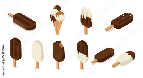 Isometric ice cream treats with chocolate and vanilla coating