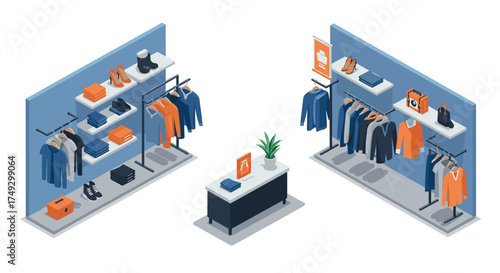 Isometric clothing store layout with displays and accessories