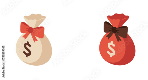 Two money bags with dollar symbols and bows on white background