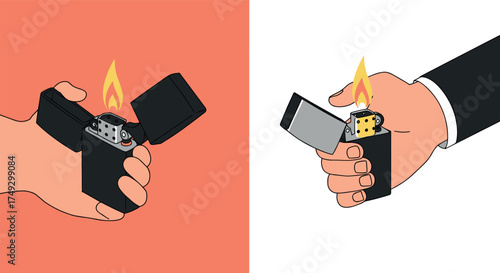 Hand holding lighter with flame in colorful pop art style