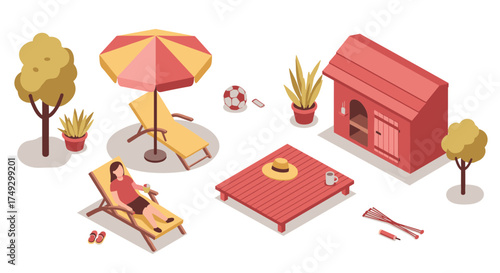 Serene backyard relaxation with furniture, umbrella, and doghouse in isometric style
