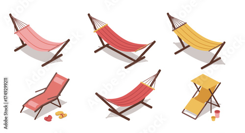 Colorful isometric hammocks and beach chairs collection for relaxation themes
