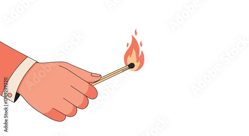 Hand holding lit matchstick with flame on clean white background