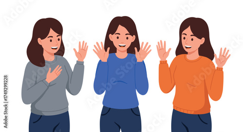 Three friends chatting cheerfully with joyful expressions in casual outfits