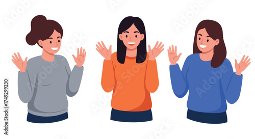 Excited group of women gesturing with raised hands in casual outfits