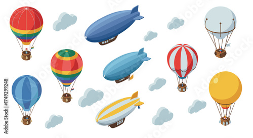 Colorful hot air balloons and airships floating with clouds in isometric design